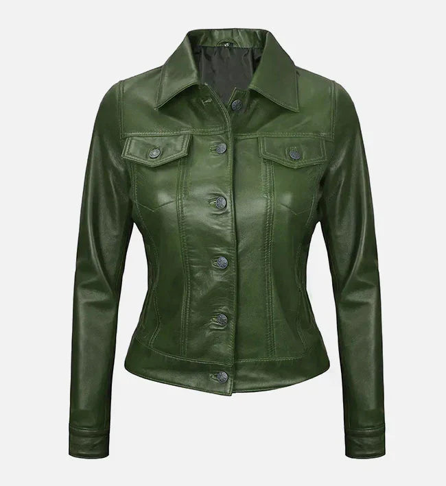 Women Green Leather Trucker Jacket