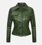 Women Green Leather Trucker Jacket