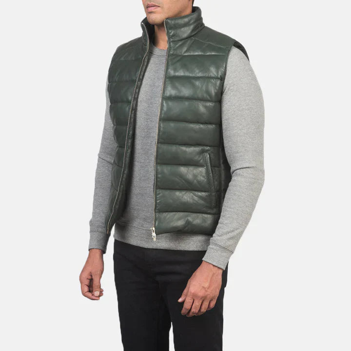 Mens Green Leather Puffer Vest