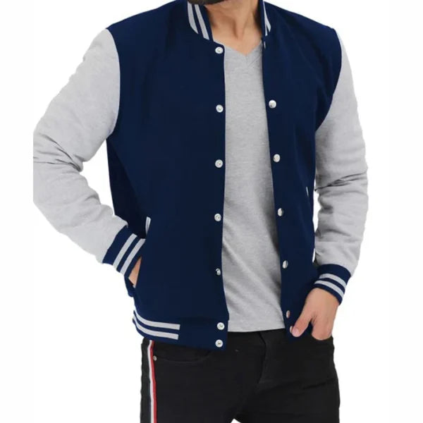 Grey and Blue Baseball Style Varsity Jacket