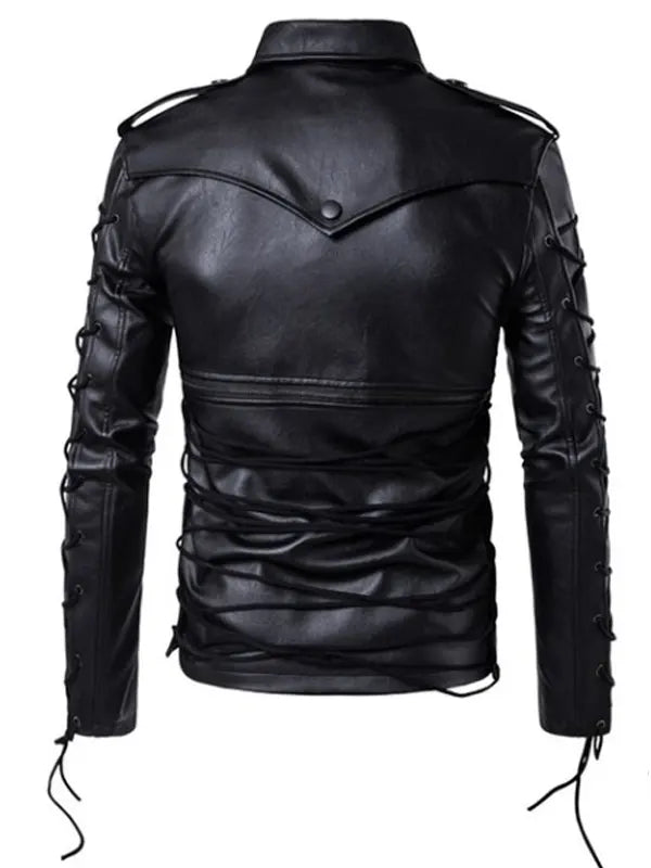 Slim Fit Black Biker Leather Lace up Jacket