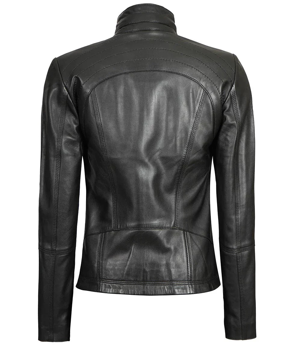 Black Leather Cafe Racer Motorcycle Jacket For Women