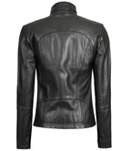 Black Leather Cafe Racer Motorcycle Jacket For Women