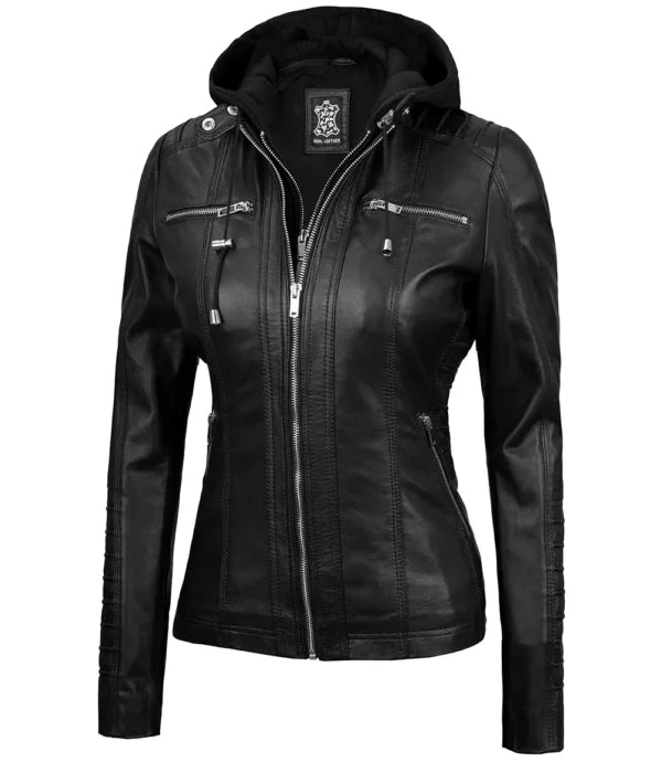 Women Black Detachable Hood Leather Jacket