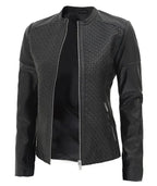 Womens Black Textured Leather Cafe Racer Jacket