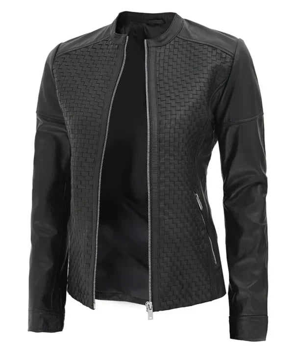 Womens Black Textured Leather Cafe Racer Jacket