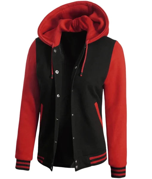 Womens Black And Red Hooded Baseball Varsity Jacket