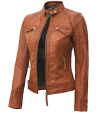 Classic Womens Cafe Racer Tan Leather Jacket