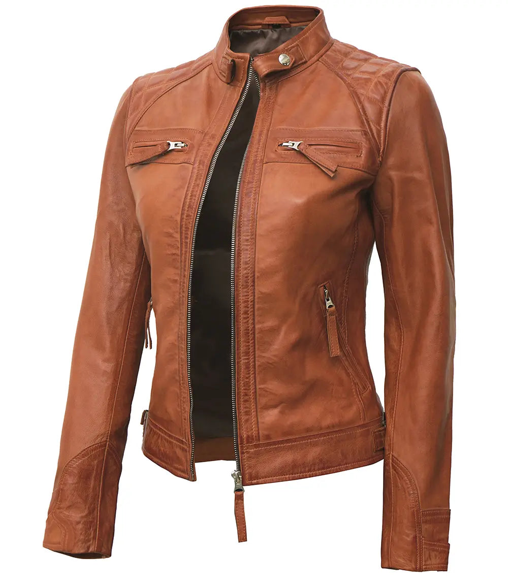 Classic Womens Cafe Racer Tan Leather Jacket