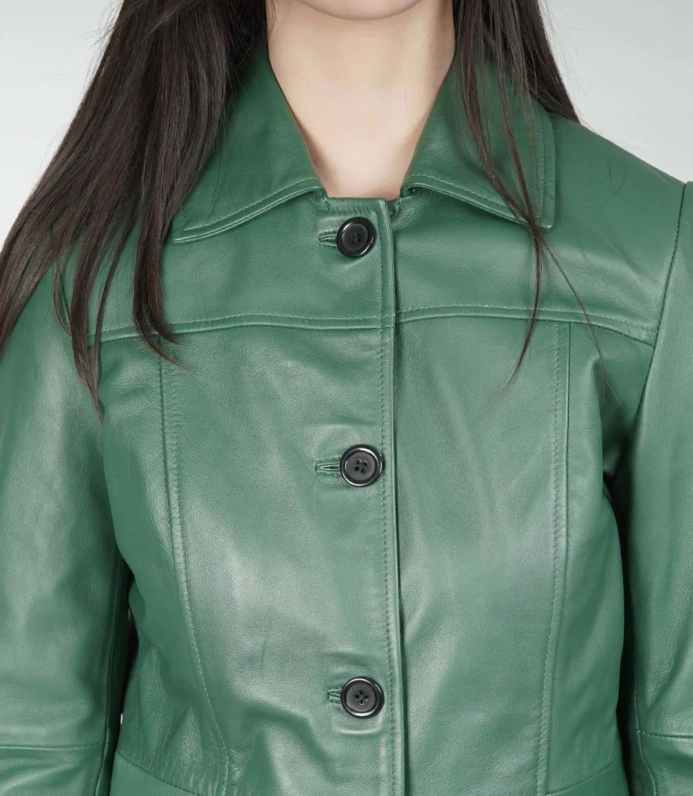 Womens Leather Green Coat - 3/4 Length