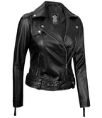 Womens Asymmetrical Real Black Leather Biker Jacket