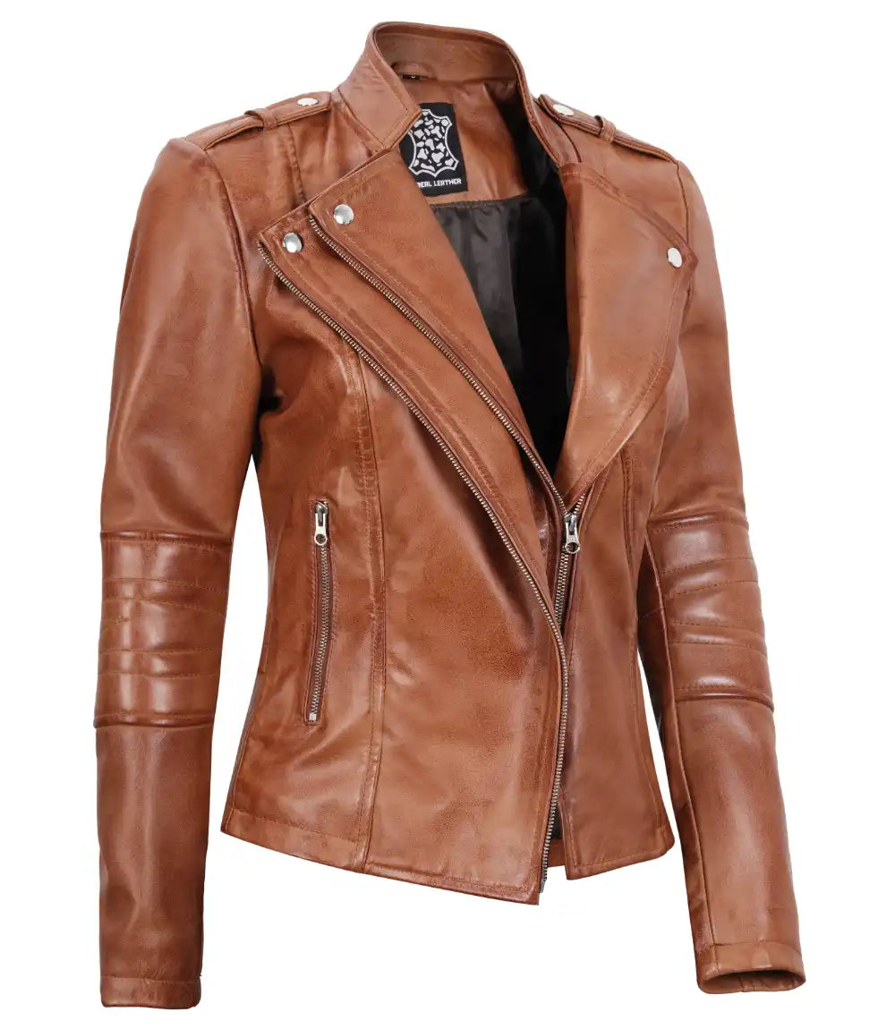 Womens Tan Real Leather Motorcycle Jacket