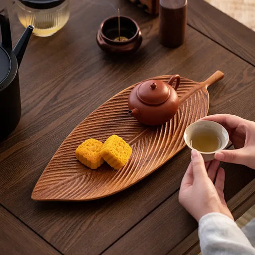 Leaf shaped wooden serving tray top view