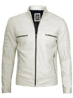 Mens Off White Leather Cafe Racer Jacket