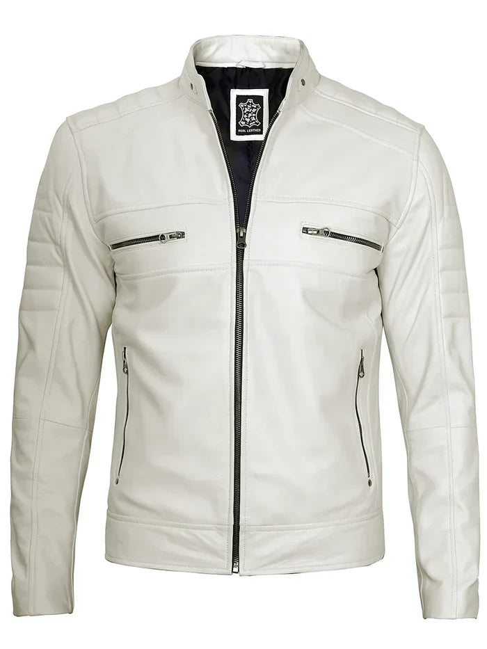 Mens Off White Leather Cafe Racer Jacket