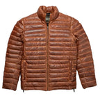 Mens Tan and Brown Leather Puffer Jacket