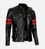 Leather Biker Jacket with Red Stripes