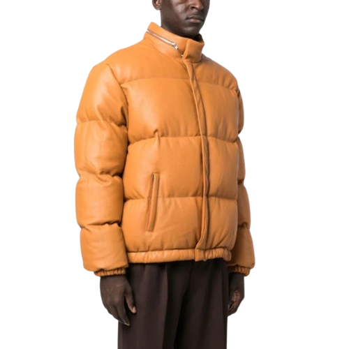 Leather Puffer Jacket Dark Camel Mens