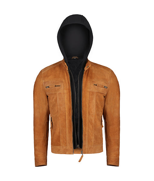 Men’s light Brown Leather Jacket With Hood