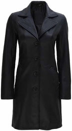 Womens Long Black Leather Trench Coat