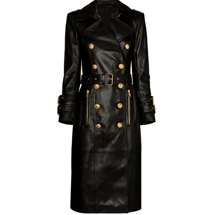 Womens Black Long Leather Trench Coat