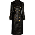 Womens Black Long Leather Trench Coat