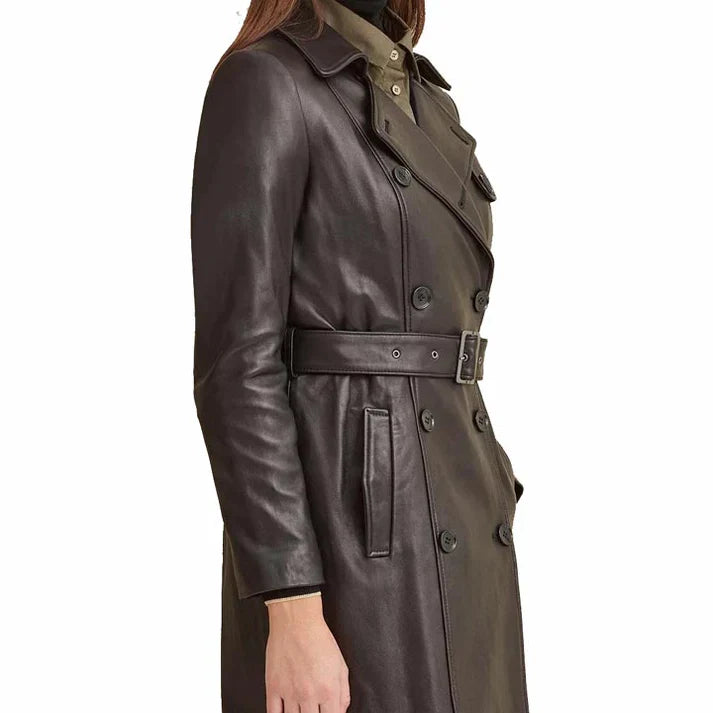 Women Brown Leather Belted Trench Coat