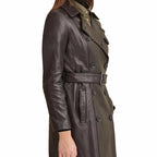 Women Brown Leather Belted Trench Coat