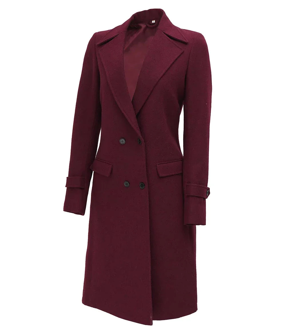 Womens Wool Coat Maroon Long Wrap Coat