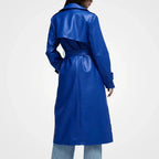 Womens Blue Leather Long Coat With Storm Flap