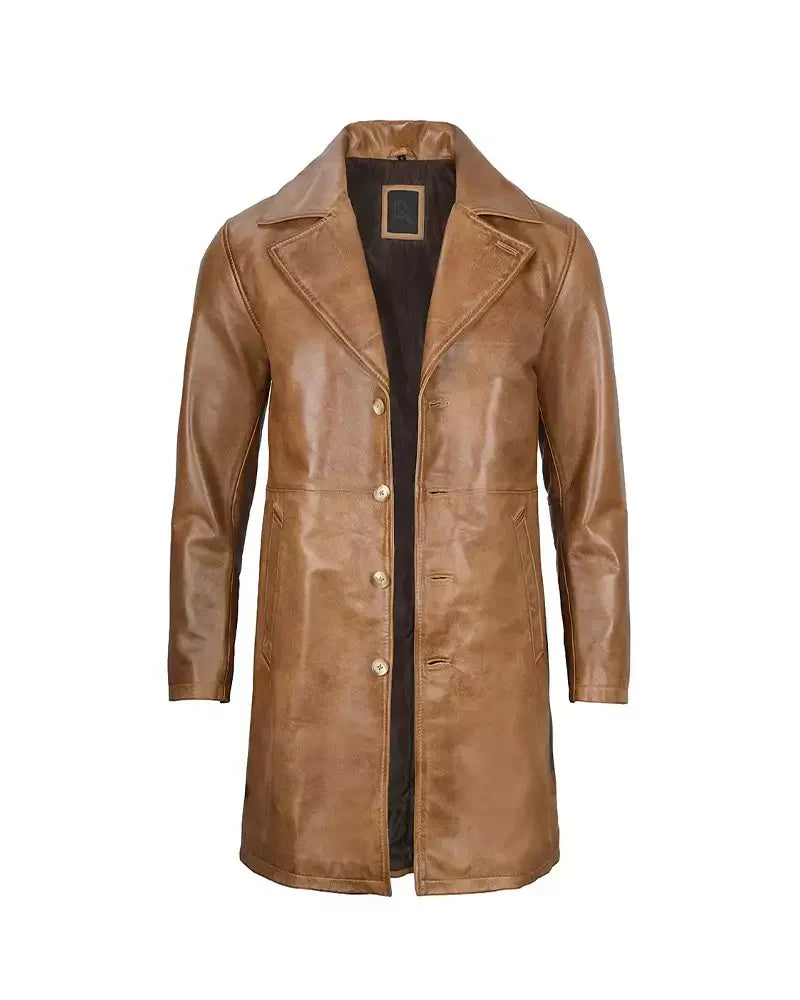Mens Real Leather Camel Brown Car Coat