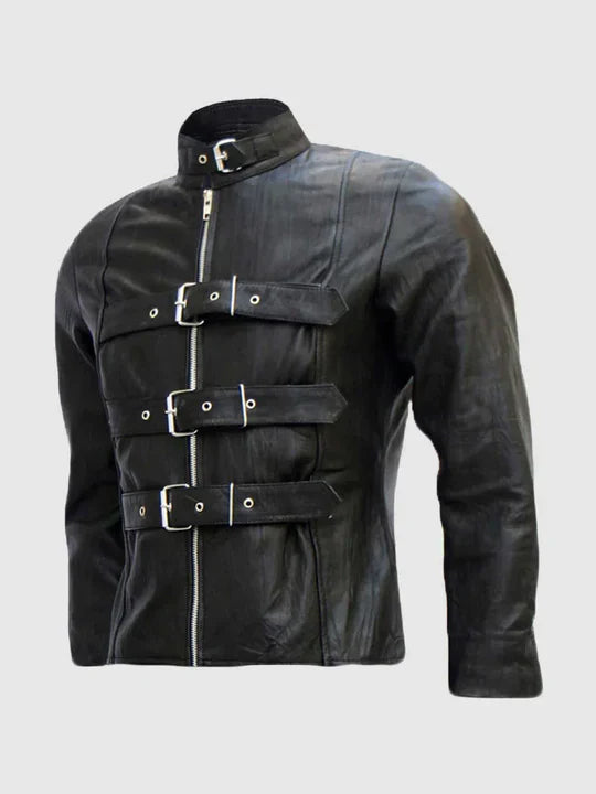 Trench Look Belted Mens Black Leather Jacket