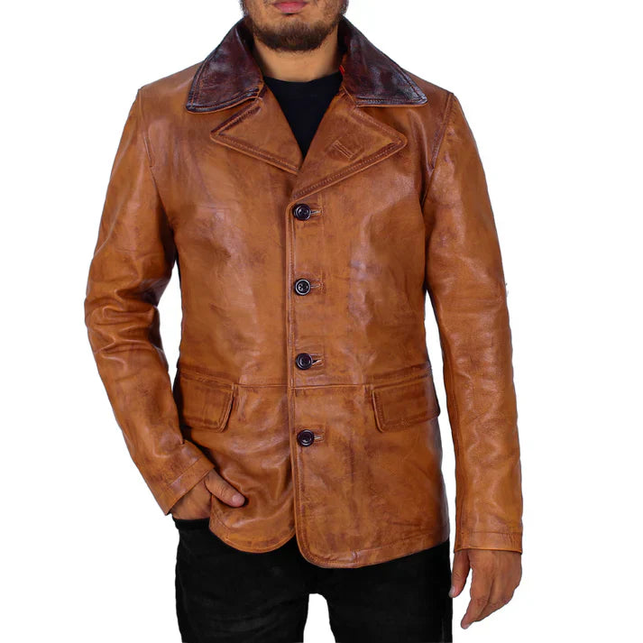 Lyxis Distressed Leather Double Breasted Men's Winter Coat
