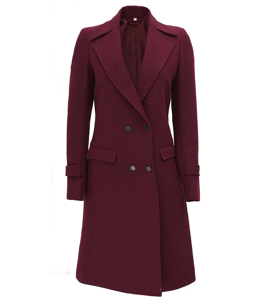 Womens Wool Coat Maroon Long Wrap Coat