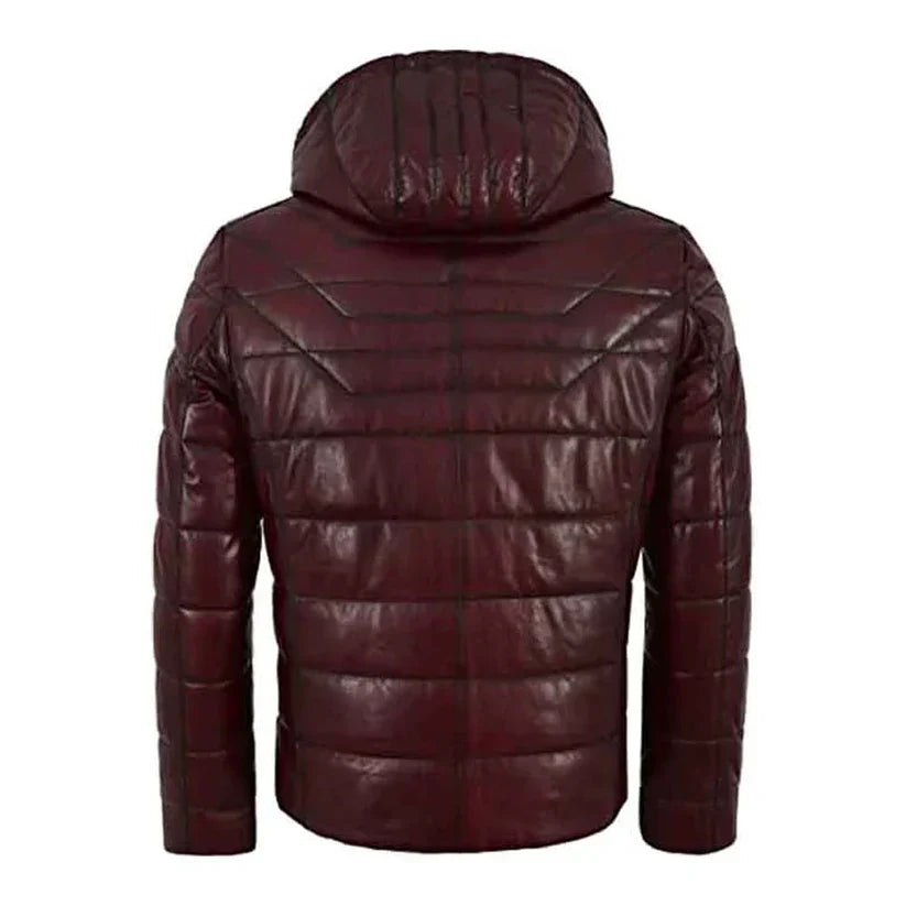 Mens Maroon Puffer Hooded Leather Jacket