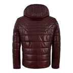 Mens Maroon Puffer Hooded Leather Jacket
