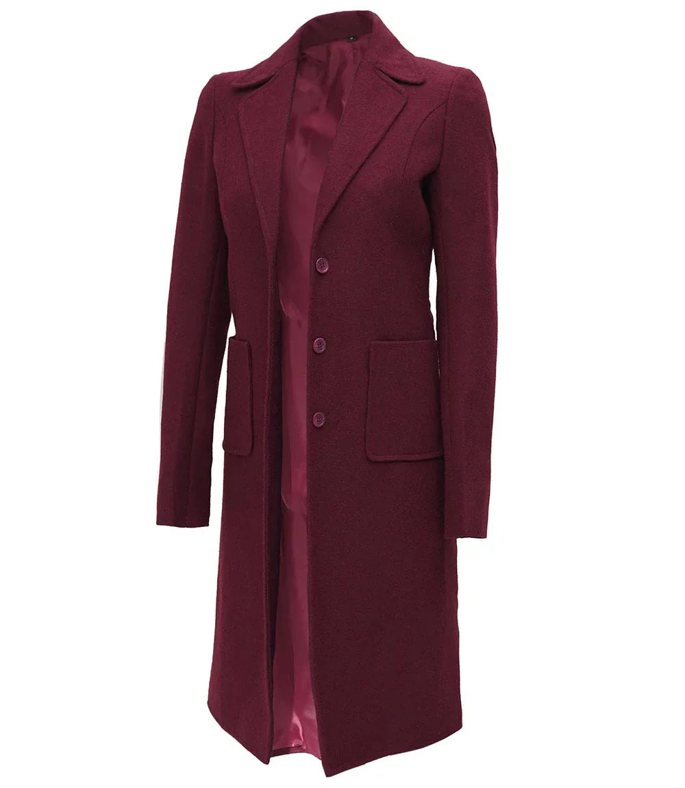 Womens Maroon Long Wool Coat