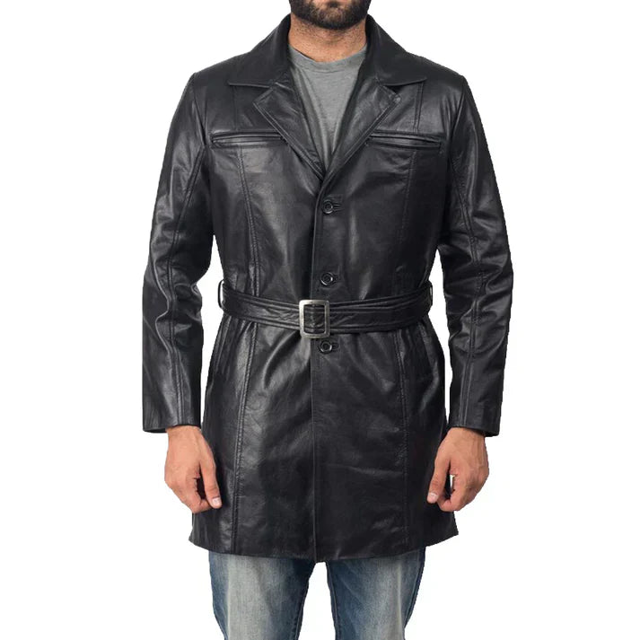 Men Black Leather Trench Coat