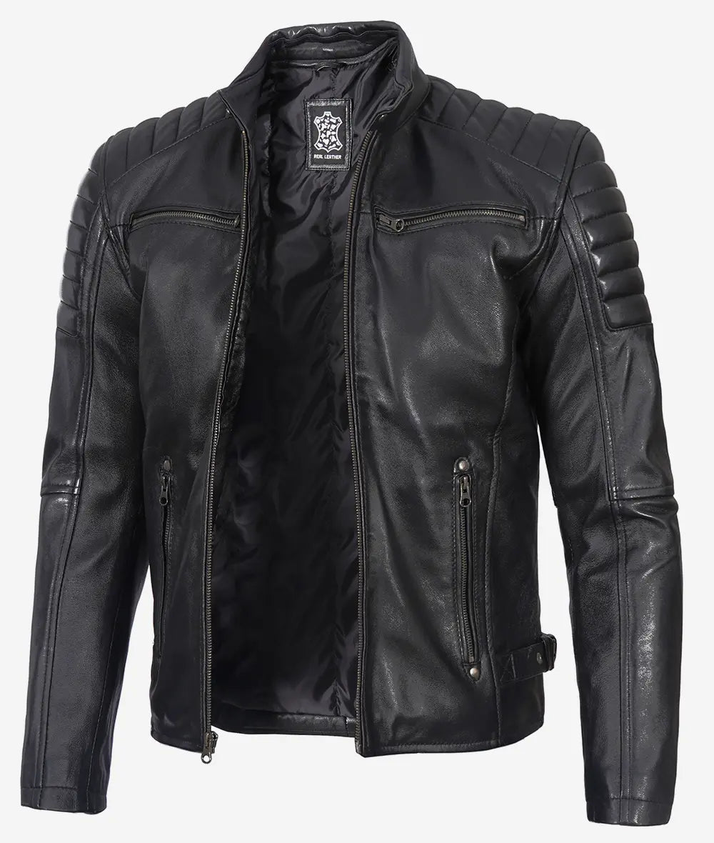Stylish Men's Black Biker Jacket Padded Leather Shoulders