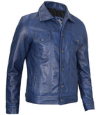 Mens Classic Blue Leather Trucker Jacket – Genuine Lambskin