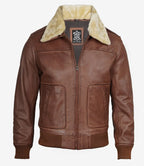 Fur Collar Cognac Leather Bomber Jacket for Men