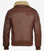 Fur Collar Cognac Leather Bomber Jacket for Men