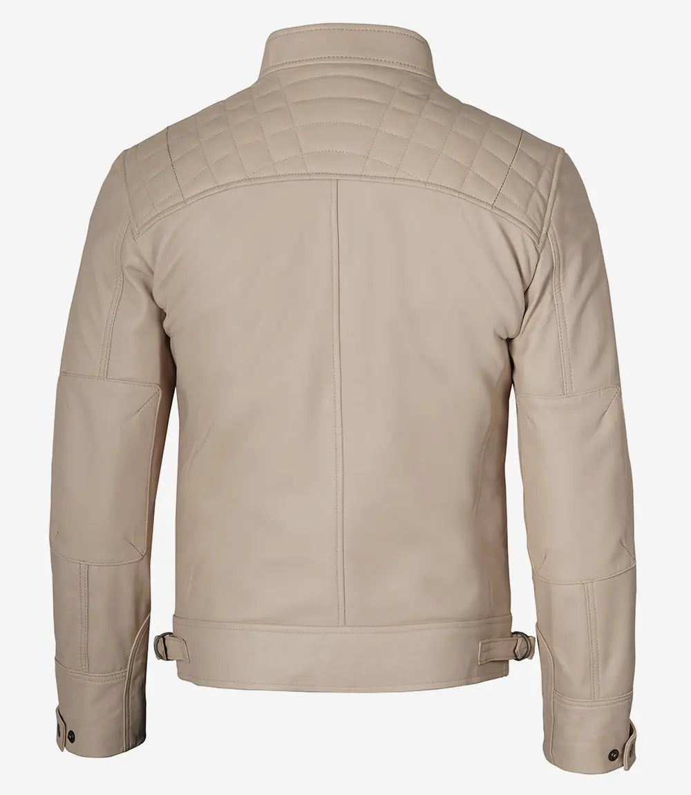 Mens Stylish Beige Cafe Racer Leather Jacket Quilted Design