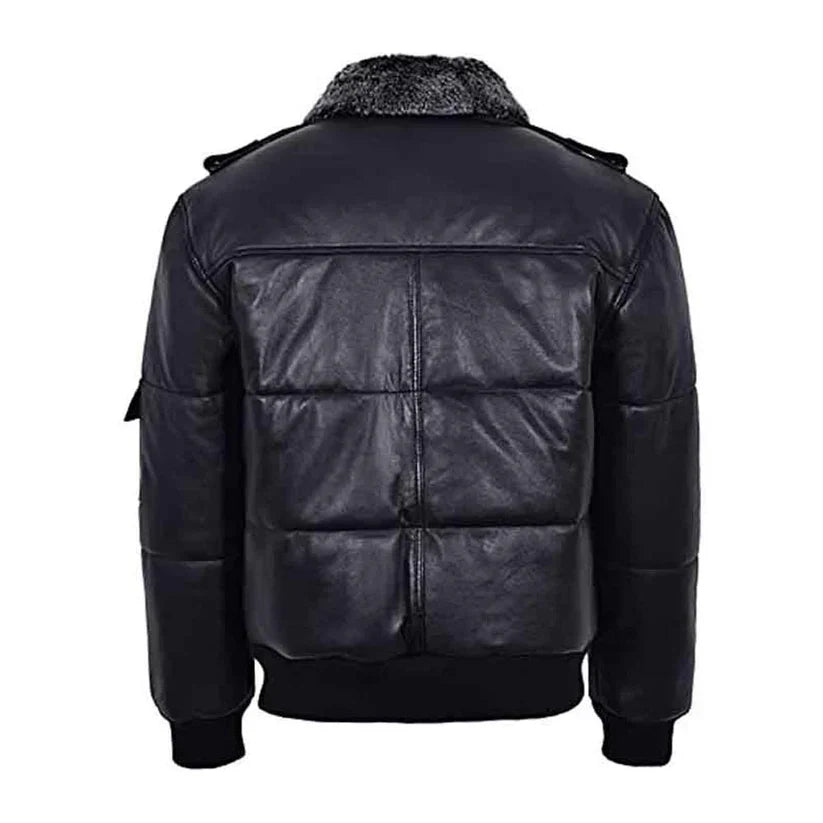 Mens Genuine Black Fur Puffer Leather Jacket