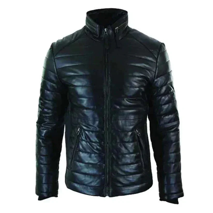 Mens Genuine Real Leather Puffer Black Jacket
