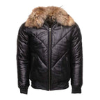 Mens Black Bomber Puffer Leather Jacket Fur Collar