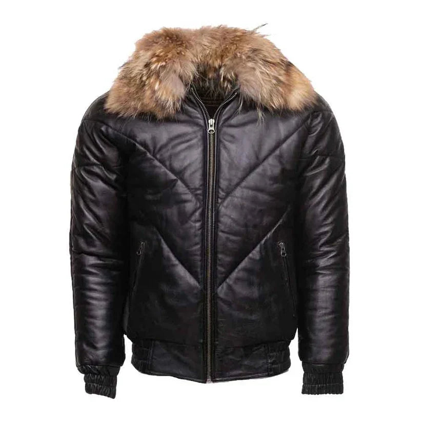 Mens Black Bomber Puffer Leather Jacket Fur Collar