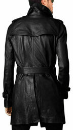 Mens Vintage Black Leather Long Coat