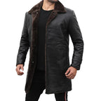 Mens Shearling Lined Black Leather Trench Coat