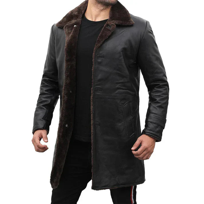 Mens Shearling Lined Black Leather Trench Coat